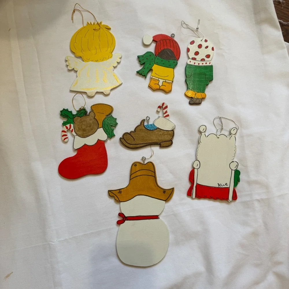 Vintage Hand Painted Wooden Christmas Ornaments Set of 7 Folk Art Holiday Decor